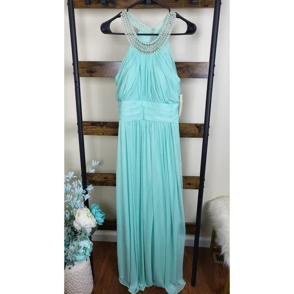green emerald velvet dress Mint Green Cowl Neck Ruched Slit Sheath Chiffon Bridesmaid Dress main image 1